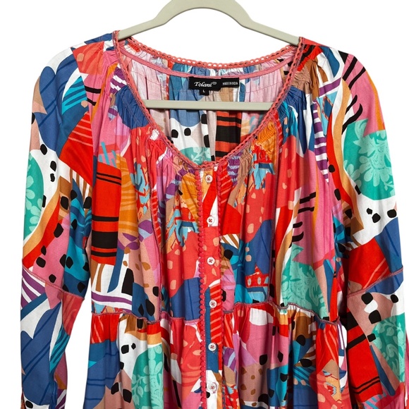 Tolani Colorful Multicolor Long Sleeve Tiered Pockets Button Front Dress Size L - Picture 3 of 9